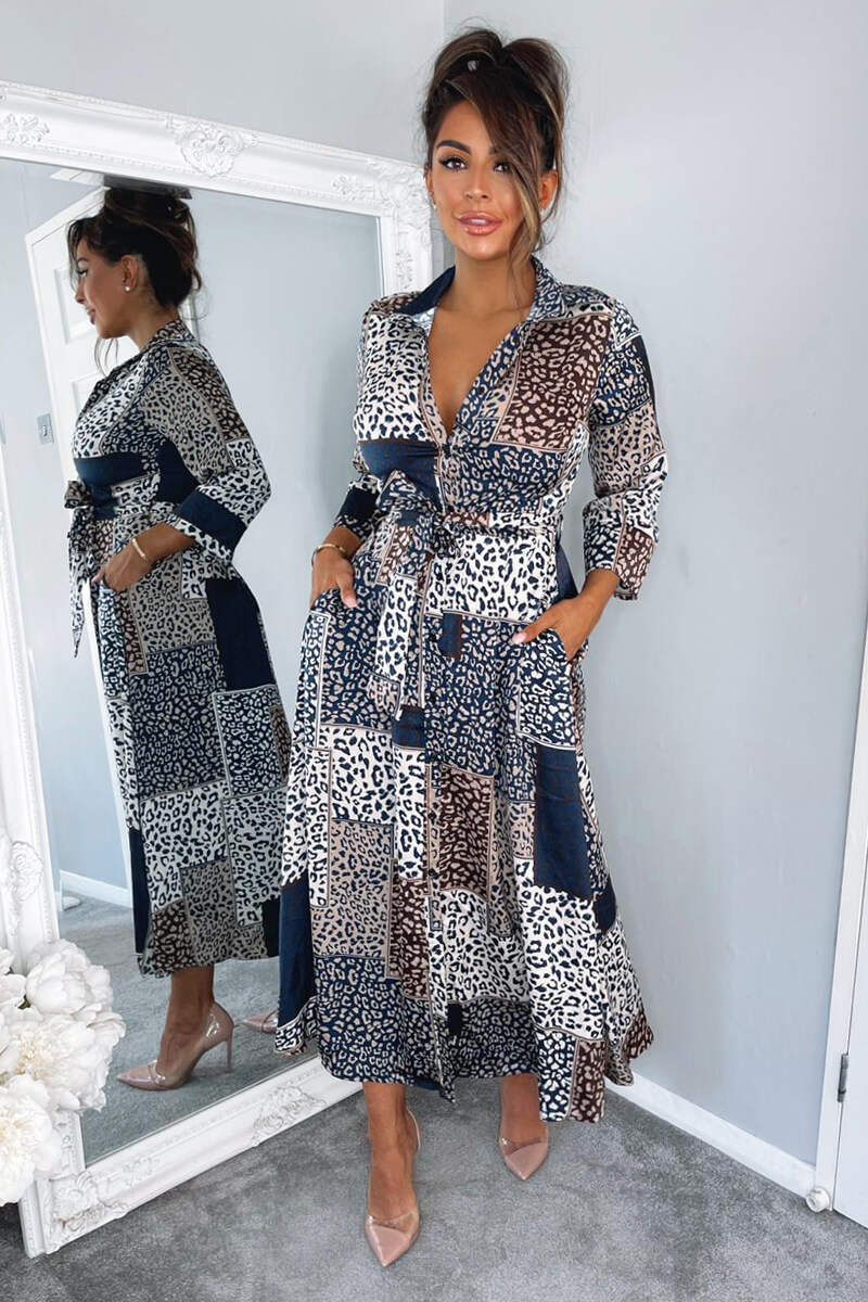 Navy Animal Print Button Up Midi Dress