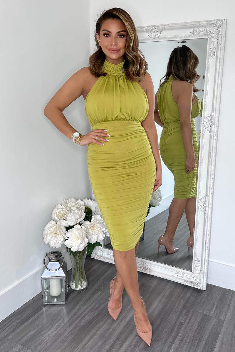 Lime Ruched High Neck Midi Dress